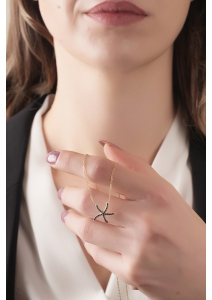 925 Ayar Gümüş, Gold Kaplamalı Siyah Taşlı Deniz Yıldızı Kolye