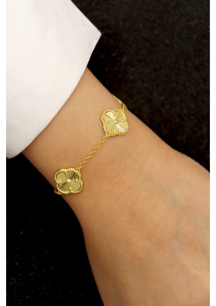 925 Ayar Gümüş Altın Yaldızlı Lazer İşlemeli Alhambra 3'lü Yonca Bileklik fiyatları