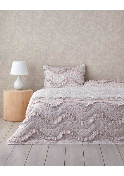 Floral Euphoria Fırfırlı Çift Kişilik Yatak Örtüsü Takımı 200 x 220 cm Pembe