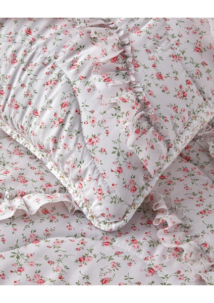 Floral Euphoria Fırfırlı Çift Kişilik Yatak Örtüsü Takımı 200 x 220 cm Pembe