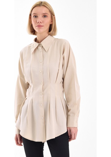 Kadın Belden Oturtmalı Pileli Tunik Bej Gömlek