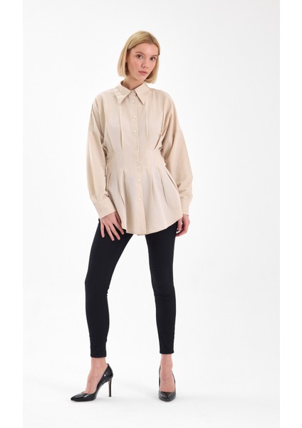 Kadın Belden Oturtmalı Pileli Tunik Bej Gömlek fiyatları