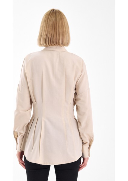 Kadın Belden Oturtmalı Pileli Tunik Bej Gömlek modelleri