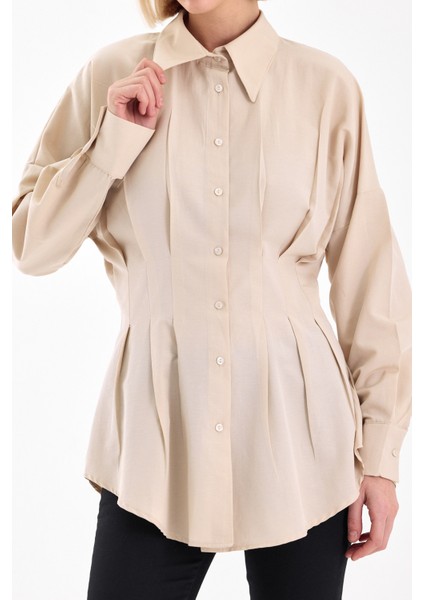 Kadın Belden Oturtmalı Pileli Tunik Bej Gömlek fırsatları