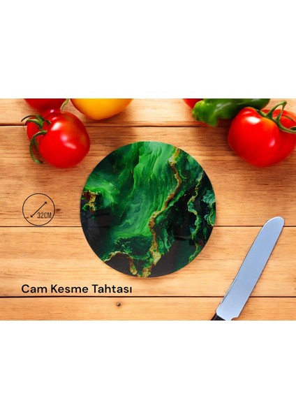 Cam Kesme Tahtası* Mutfak Tahtası 32 cm Beton Yeşil Altın Görünümlü