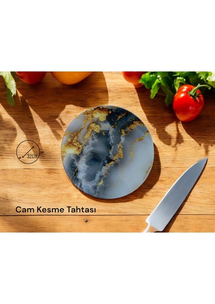Cam Kesme Tahtası* Mutfak Tahtası 32 cm Beton Gri Altın Görünümlü