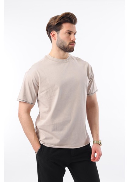 Bej Bisiklet Yaka Basic Erkek Tişört E7105