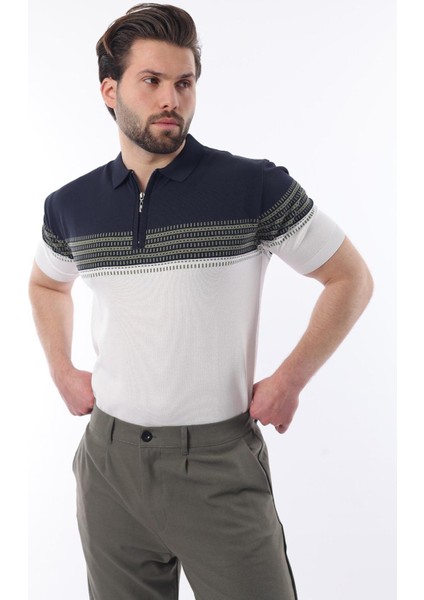 Lacivert Fermuarlı Polo Yaka Desenli Erkek T-Shirt E7296