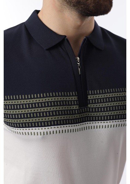 Lacivert Fermuarlı Polo Yaka Desenli Erkek T-Shirt E7296