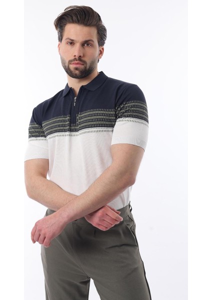Lacivert Fermuarlı Polo Yaka Desenli Erkek T-Shirt E7296
