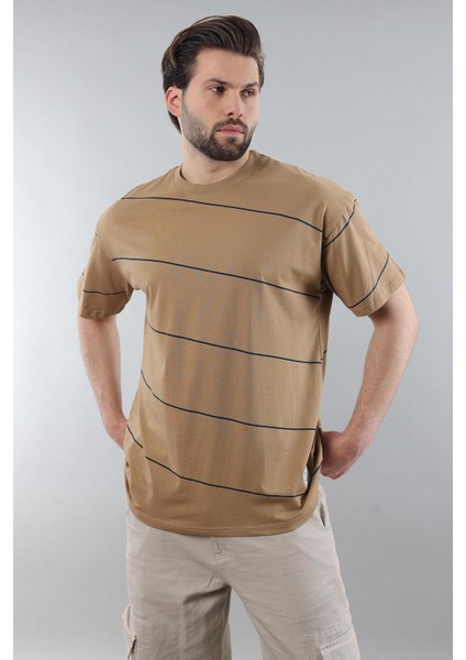 Kapuçino Bisiklet Yaka Basic Çizgili Erkek T-Shirt E7102
