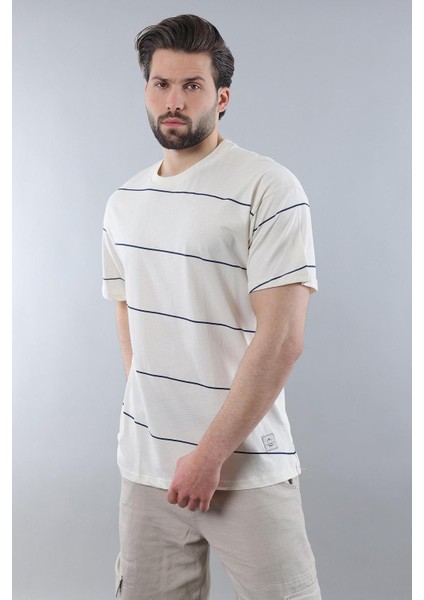 Ekru Bisiklet Yaka Basic Çizgili Erkek T-Shirt E7102