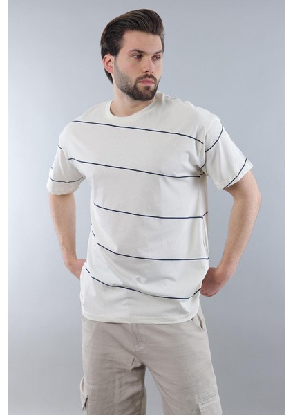 Ekru Bisiklet Yaka Basic Çizgili Erkek T-Shirt E7102