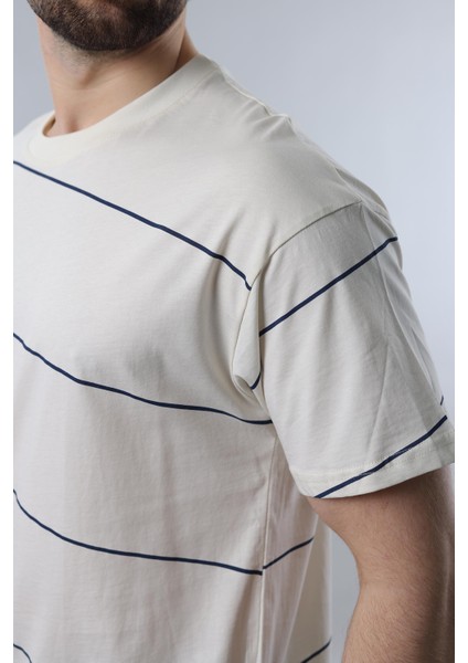 Ekru Bisiklet Yaka Basic Çizgili Erkek T-Shirt E7102