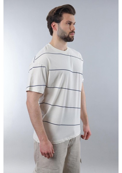 Ekru Bisiklet Yaka Basic Çizgili Erkek T-Shirt E7102