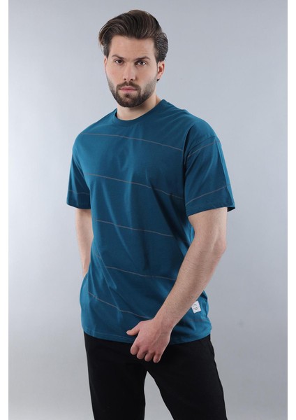 Petrol Mavisi Bisiklet Yaka Basic Çizgili Erkek T-Shirt E7102