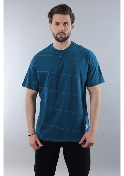 Petrol Mavisi Bisiklet Yaka Basic Çizgili Erkek T-Shirt E7102