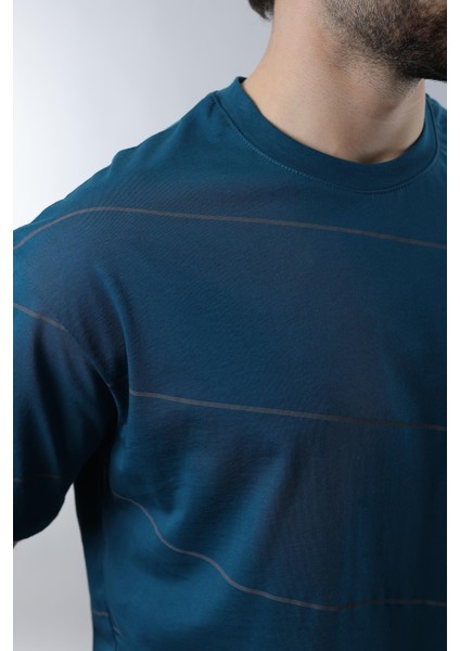 Petrol Mavisi Bisiklet Yaka Basic Çizgili Erkek T-Shirt E7102