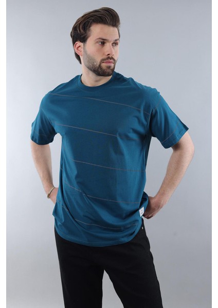 Petrol Mavisi Bisiklet Yaka Basic Çizgili Erkek T-Shirt E7102