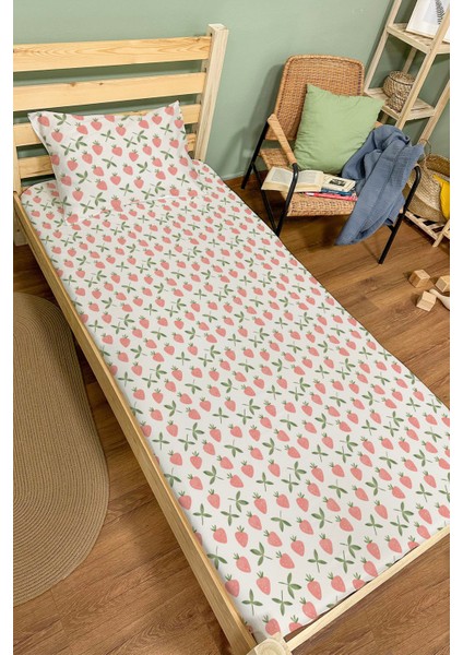 Organik Tek Kişilik Lastikli Çarşaf Seti - Tatlı Çilek Bahçesi