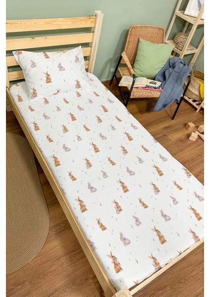 Organik Tek Kişilik Lastikli Çarşaf Seti - Neşeli Tavşan Notaları
