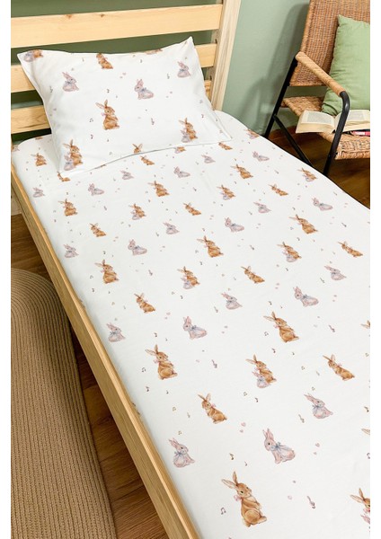 Organik Tek Kişilik Lastikli Çarşaf Seti - Neşeli Tavşan Notaları fiyatları