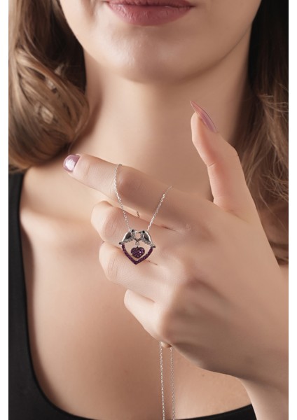 925 Ayar Gümüş Rodyum Kaplamalı Pembe Taşlı Aşık Kuşlar Gümüş Kolye