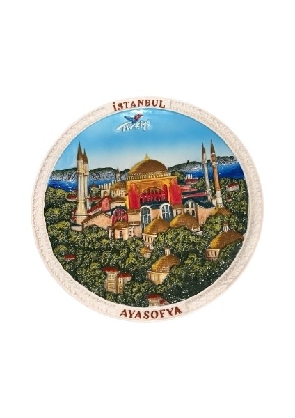 Istanbul Ayasofya Görselli ve Yazılı Kabartmalı Büyük Boy Beyaz Çerçeveli Dekor Tabak