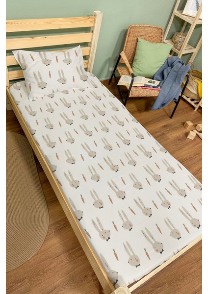 Organik Tek Kişilik Lastikli Çarşaf Seti - Papyonlu Tavşan