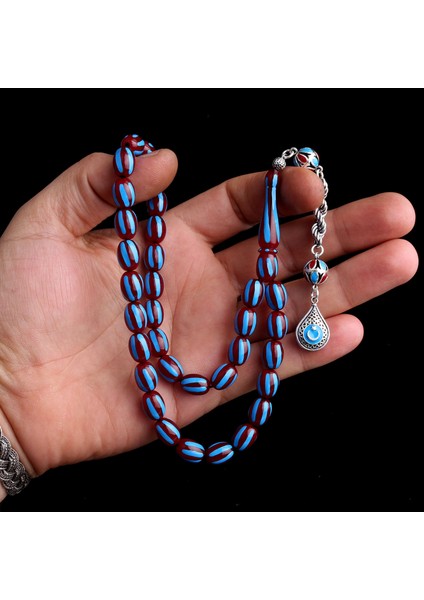 925 Ayar Gümüş Mineli Püsküllü Bordo Mavi Ayyıldız Model Ateş Kehribar Tesbih