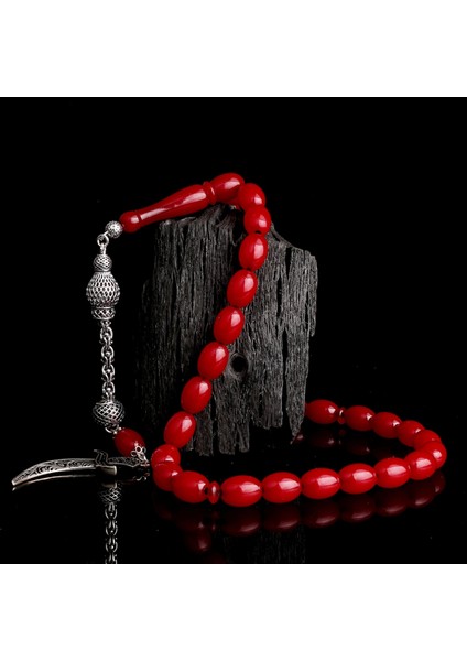 925 Ayar Gümüş Püsküllü Hz Ali Model Bordo Renk Ateş Kehribar Tesbih