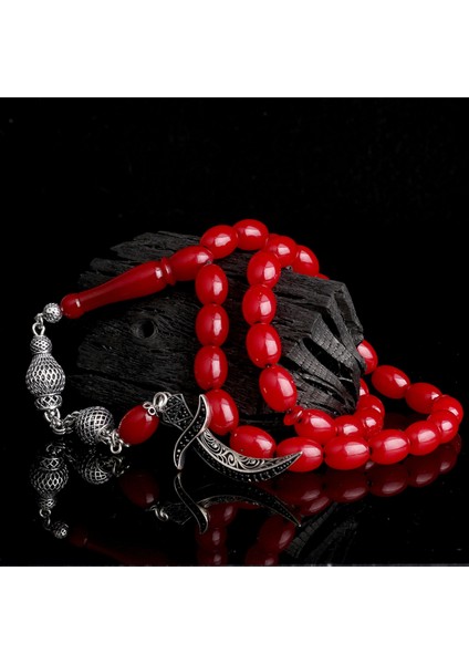 925 Ayar Gümüş Püsküllü Hz Ali Model Bordo Renk Ateş Kehribar Tesbih