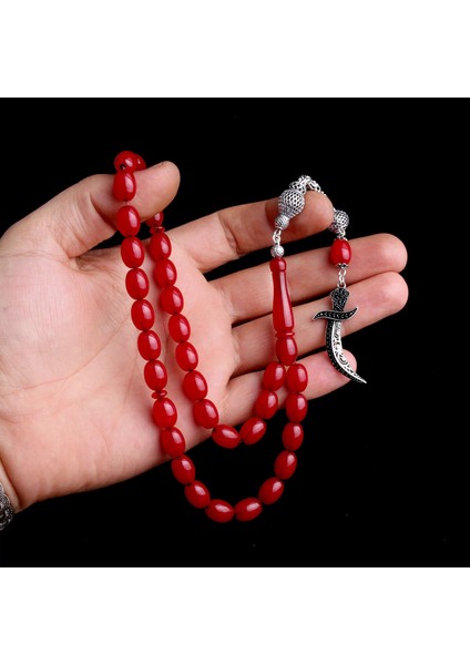 925 Ayar Gümüş Püsküllü Hz Ali Model Bordo Renk Ateş Kehribar Tesbih