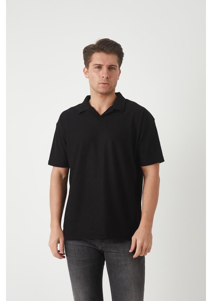 Havlu Kumaş Polo Yaka Erkek T-Shirt - Siyah