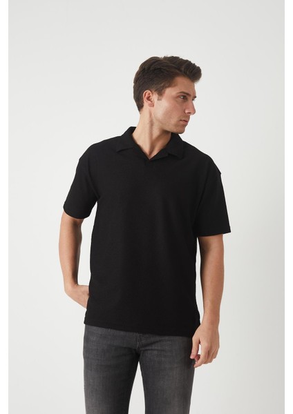 Havlu Kumaş Polo Yaka Erkek T-Shirt - Siyah