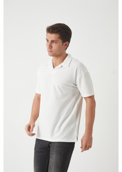 Havlu Kumaş Polo Yaka Erkek T-Shirt - Ekru
