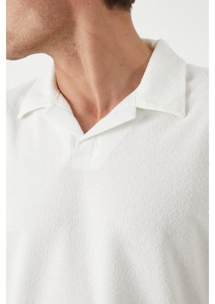 Havlu Kumaş Polo Yaka Erkek T-Shirt - Ekru