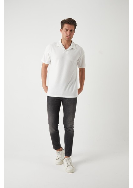 Havlu Kumaş Polo Yaka Erkek T-Shirt - Ekru