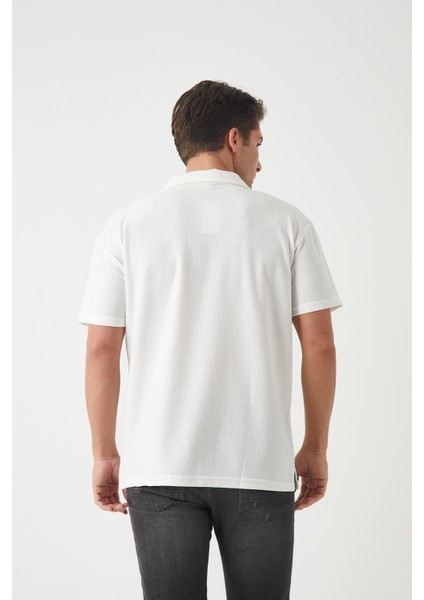 Havlu Kumaş Polo Yaka Erkek T-Shirt - Ekru