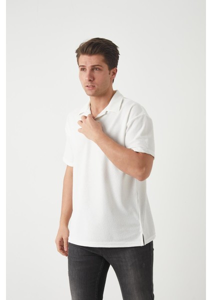 Havlu Kumaş Polo Yaka Erkek T-Shirt - Ekru
