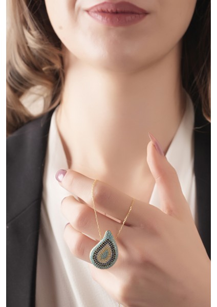 925 Ayar Gümüş Gold Kaplamalı Multicolour Taşlı Damla Nazar Göz Gümüş Kolye