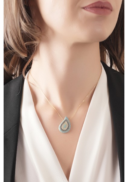 925 Ayar Gümüş Gold Kaplamalı Multicolour Taşlı Damla Nazar Göz Gümüş Kolye fiyatları