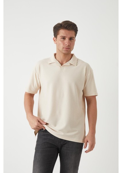 Havlu Kumaş Polo Yaka Erkek T-Shirt - Bej