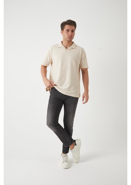 Havlu Kumaş Polo Yaka Erkek T-Shirt - Bej