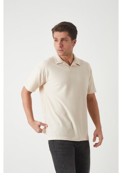 Havlu Kumaş Polo Yaka Erkek T-Shirt - Bej