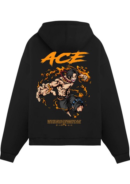 Ace Baskılı Siyah Unisex Oversize Fit Pamuklu Kapüşonlu Sweatshirt