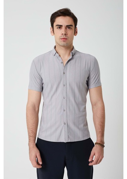Erkek Desenli Gri Kısa Kol Gömlek