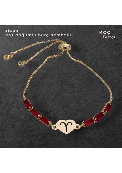 Kalp Figürlü ve Kırmızı Taş Tasarımlı 14 Ayar Altın Plakalı Özel Burçlar Bilekliği