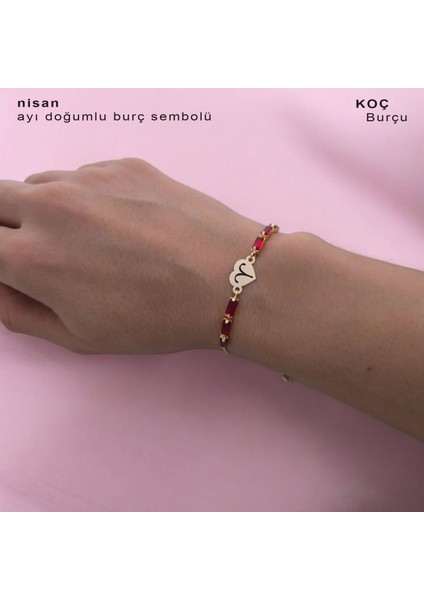 Kalp Figürlü ve Kırmızı Taş Tasarımlı 14 Ayar Altın Plakalı Özel Burçlar Bilekliği fiyatları