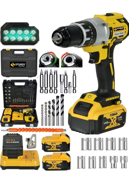 Japon Techn. 21 Volt 13 mm Metal Mandren Darbeli Çift Akülü Vidalama Matkap 27 Parça Set Sarı